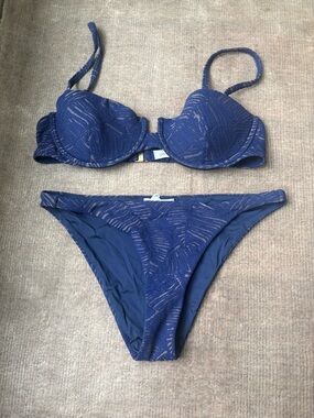 Onia Navy Blue Textured Underwire Bikini Set